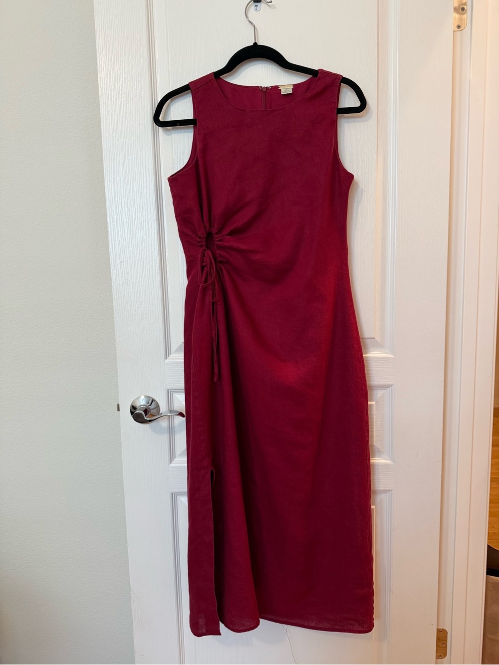 Magaschoni Wine-Red Sleeveless Midi Dress with Side Tie Detail